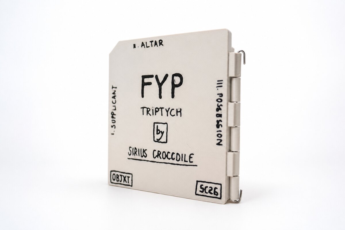 The FYP triptych closed — cover lettered FYP TRIPTYCH by Sirius Crocodile, panel titles down the spine.