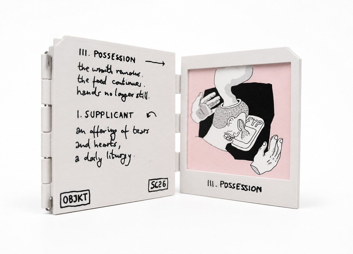 The FYP triptych half-open — hand-lettered predella text inside the cover beside panel III. Possession.
