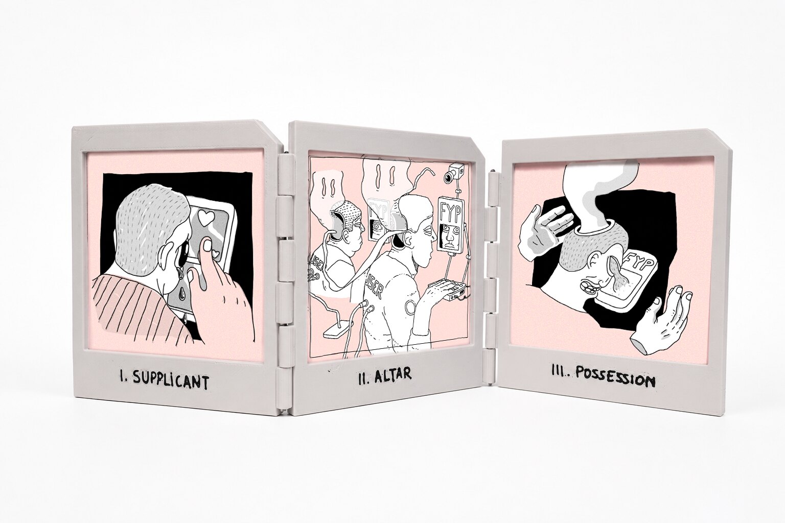 The physical FYP triptych, fully unfolded — three hinged panels: I. Supplicant, II. Altar, III. Possession.
